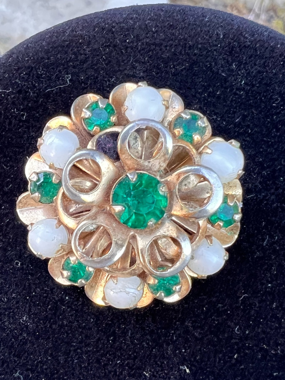 Gold-Tone Floral Brooch with Green Stones and Pearls
